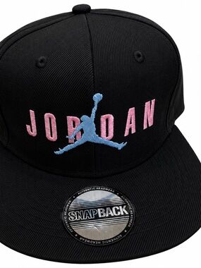 Jordan Black Snapback Hat with Pink Lettering & Light Blue Jumpman air Jordan